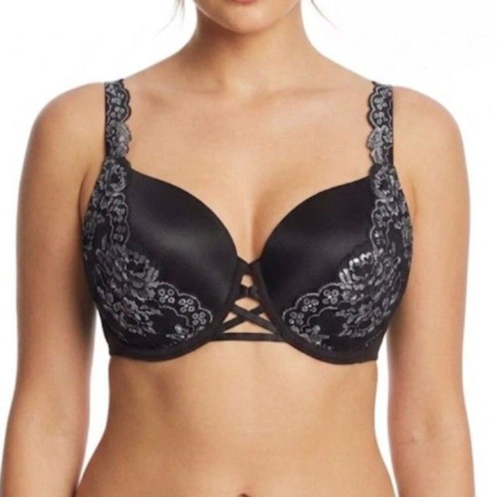 Cacique Women's Black Silver Floral Lace Underwire Boost Balconette Bra 46DD